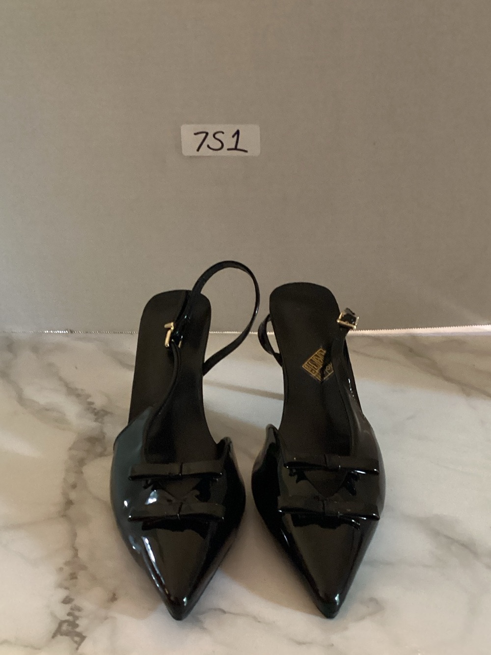 Black Patent Pointed Slingback Heels with Bow Detail SIZE 9